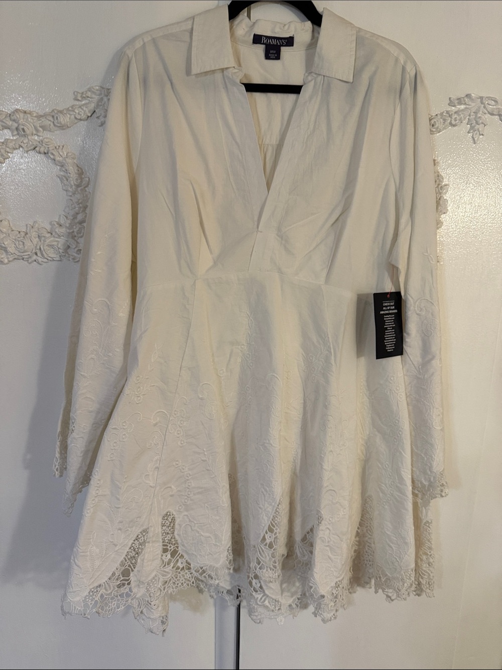Roaman's Bright White Long-Sleeve V-Neck Lace-Hem tunic or dress 18W. NWT